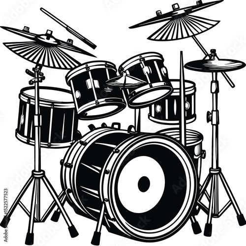 Drum set illustration black and white musical instrument silhouette