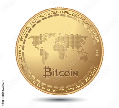 Cryptocurrency gold coin with a bitcoin symbol on the face. Vector illustration. 