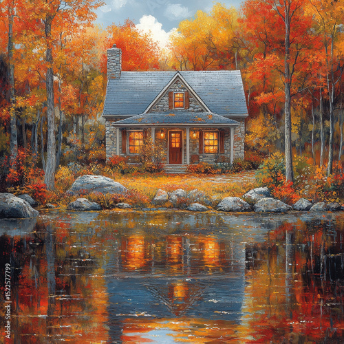 A painting of a cabin in the fall.