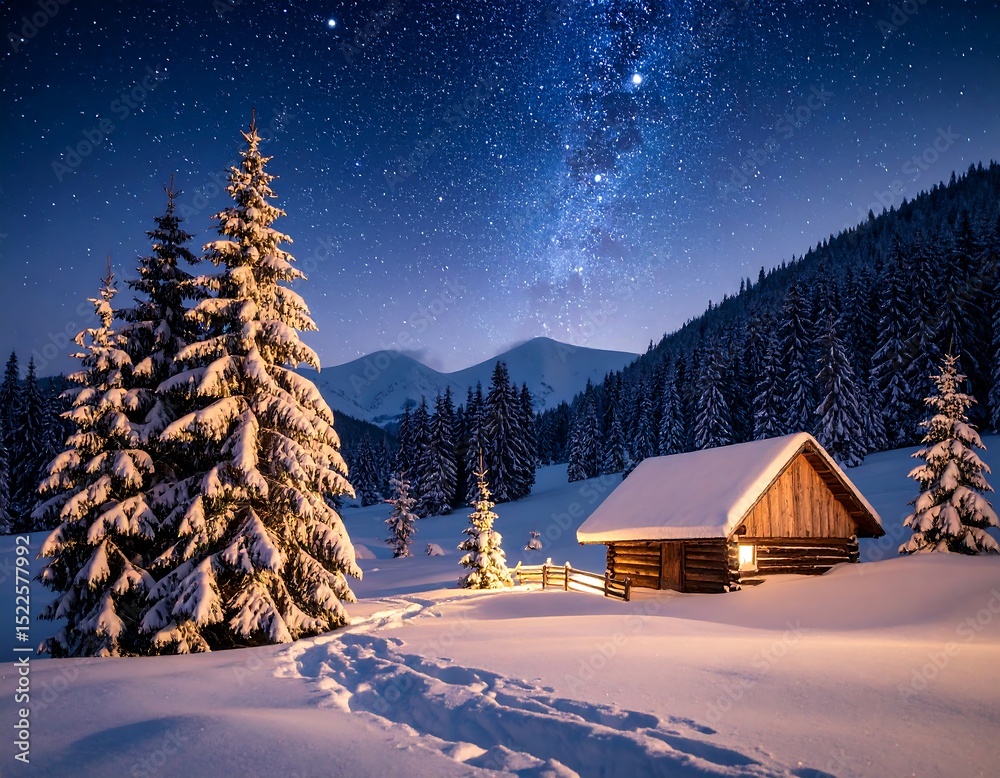 Fototapeta premium Snowy cabin under starry night sky