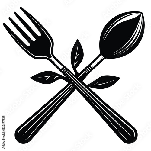 Fork spoon leaves restaurant logo vector design black white silhouette