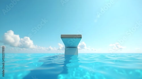 A serene diving board stands alone above calm ocean waters, reflecting a bright blue sky.