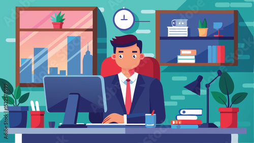 Cartoon Businessman in Suit Working at Desk with Computer, Clock, Books, and Plants