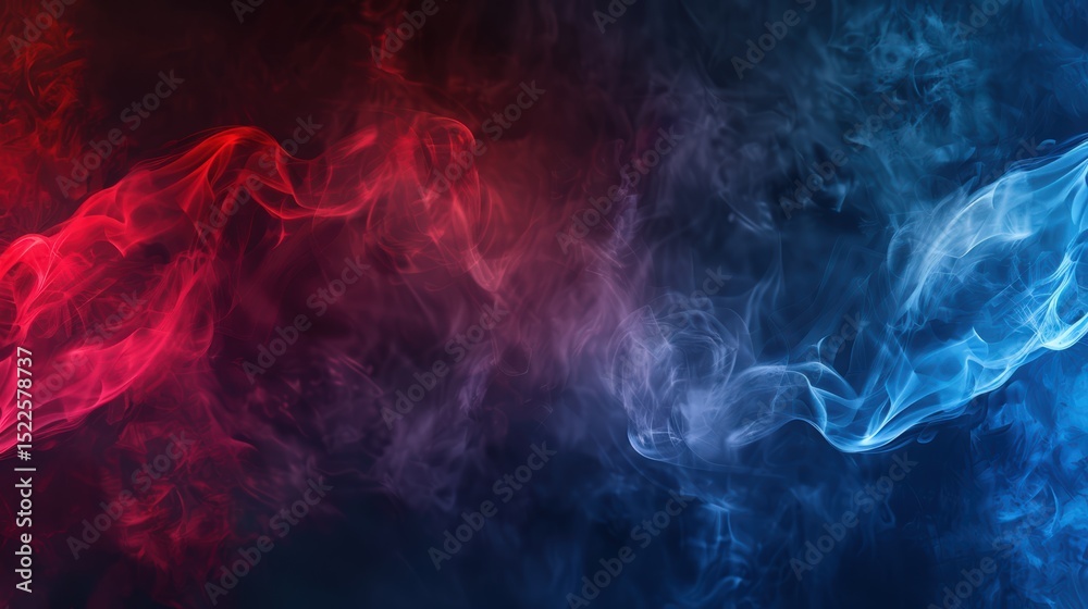 Fototapeta premium Red and blue smoke swirling in dark atmosphere