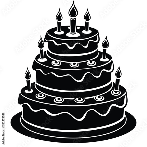 Three tier cake with candles black and white vector image silhouette