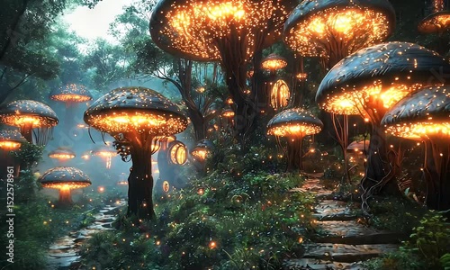 Luminous Mushroom Village Path in a Mystical Forest