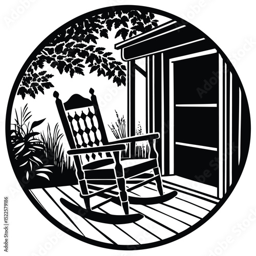 Rocking chair on porch vector illustration black and white silhouette