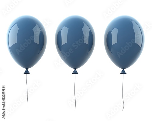 Three Shiny Blue Balloons with Strings Isolated Against a White Background