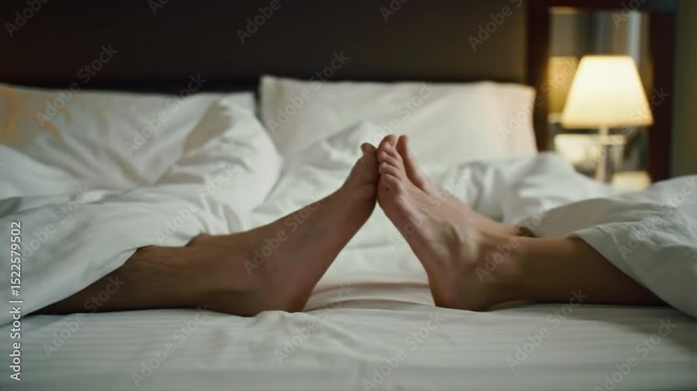 Playing footsie under a duvet, two bare feet peek out, adding a cozy and playful touch to products related to relaxation or relationships.