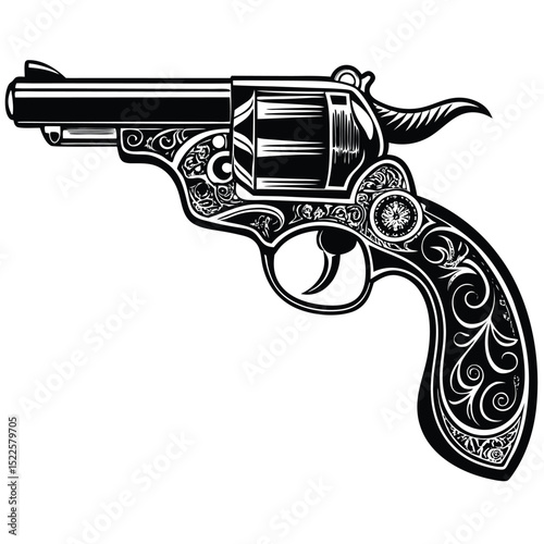 Detailed black and white revolver gun vector illustration silhouette