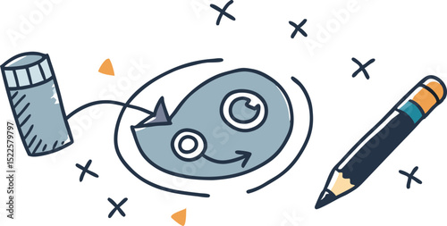 Funny cartoon pencil character with a smiling face, a blue body, and a whimsical fish design, ideal for a cute and happy vector illustration