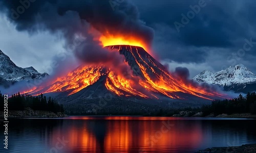 Fiery Volcanic Eruption Illuminates a Lake and Surrounding Mountains