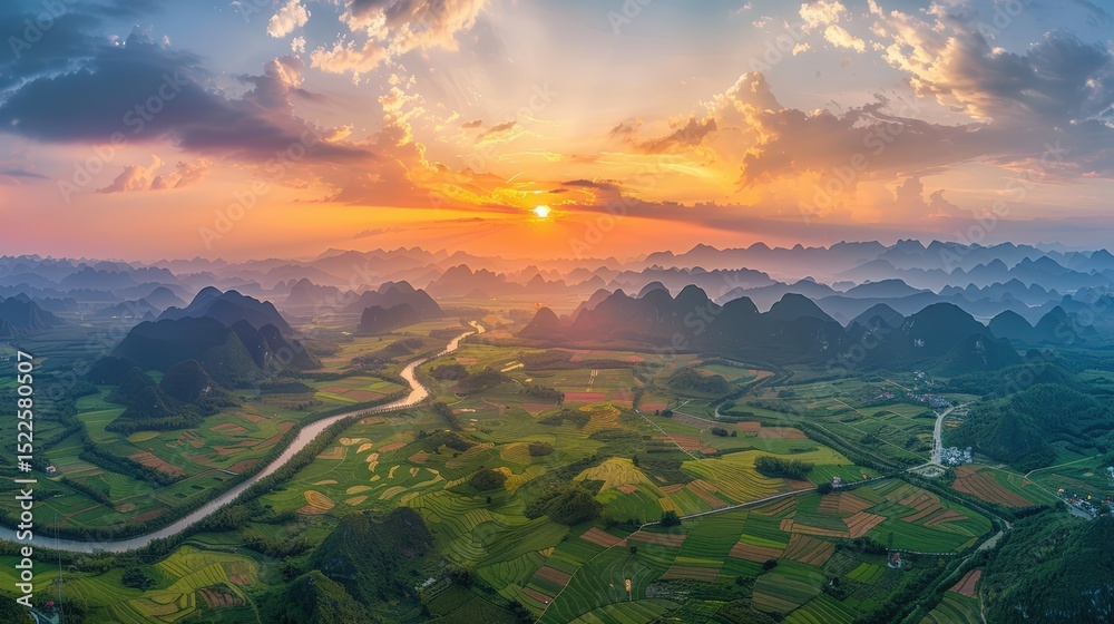 Fototapeta premium Breathtaking sunset over li river and karst mountains in guangxi