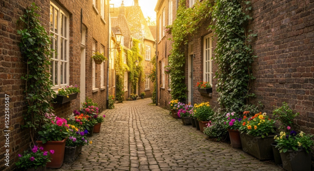 Fototapeta premium Sunlit Cobblestone Alley with Colorful Flower Pots