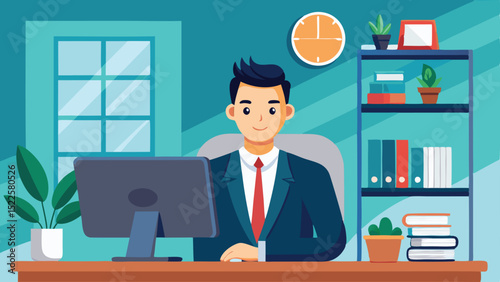 Cartoon Businessman at Desk with Computer, Bookshelf, Clock, and Plants Artwork