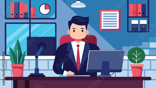 Cartoon Businessman Working at Desk with Computer, Plants, Shelves, and Desk Lamp Illustration