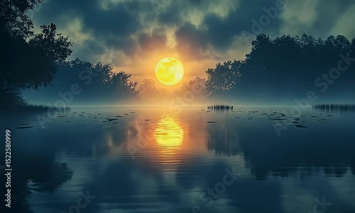 Serene Night Scene: Misty Lake Reflecting a Large, Yellow Moon