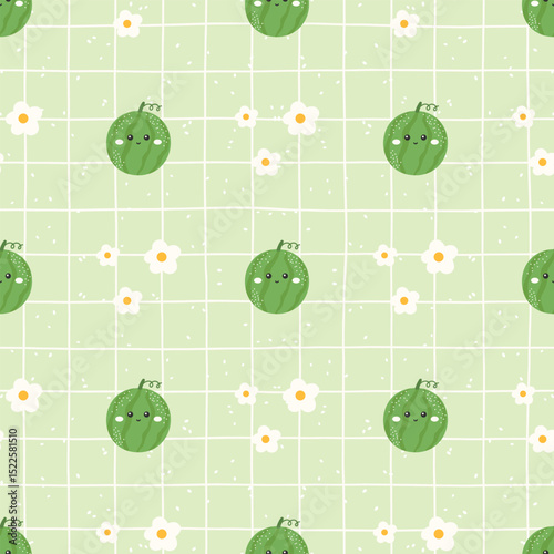 Cute watermelon seamless pattern in kawaii style. Sweet and fresh vector background with flowers, perfect for tropical kids fabric, wallpaper, wrapping design