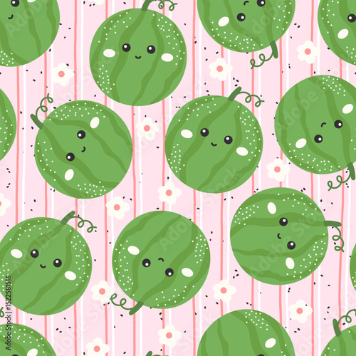 Cute watermelon seamless pattern in kawaii style. Sweet and fresh vector background with flowers, perfect for tropical kids fabric, wallpaper, wrapping design