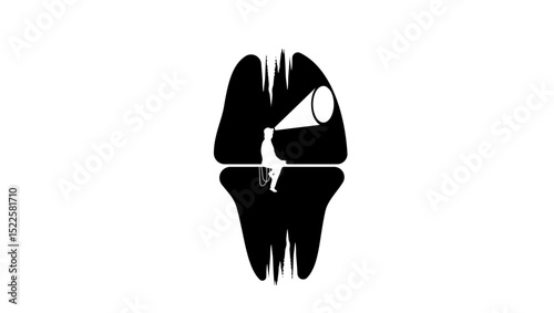speleologist in cave, black isolated silhouette