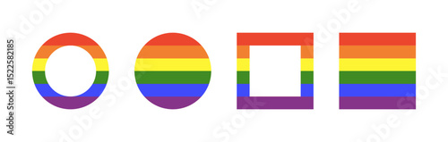 Rainbow flag frames. Gay pride circle, square backdrops. Progress flat Logo symbols badges. LGBT icon. Set of stickers in rainbow colors. Rounds, rectangles button, borders. Minimalist template design