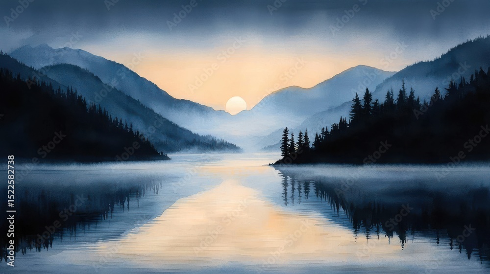 Fototapeta premium Serene sunrise over misty mountains reflected in a calm lake, surrounded by pine forests and soft morning light.