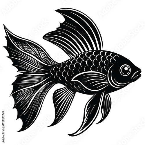 Goldfish drawing black and white illustration vector image silhouette