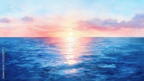 A serene sunset over calm ocean waters with soft pastel clouds.