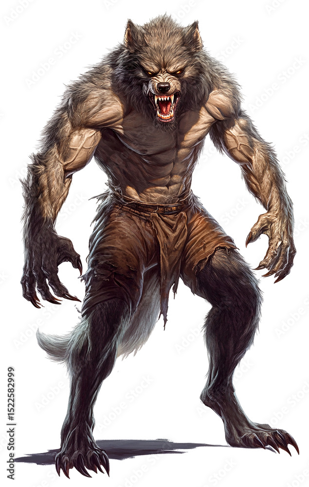 Fototapeta premium Powerful Werewolf Creature Art Fierce Wolf Man Fantasy Illustration Transparent Background Mythological Beast Strong Muscles Scary Monster Supernatural