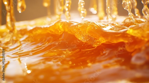 A close-up of thick viscous honey dripping in a golden wave