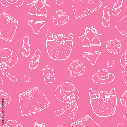 Seamless repeating pattern of hand-drawn summer beach accessories including swimwear, hats, flip flops, seashells, bags, and sunscreen on pink background.