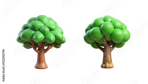 Two stylized 3d rendered trees on isolated white transparent background for design projects
