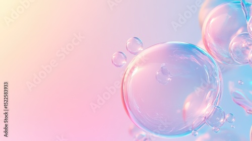 Colorful soap bubbles floating on pastel rainbow gradient background with iridescent reflections