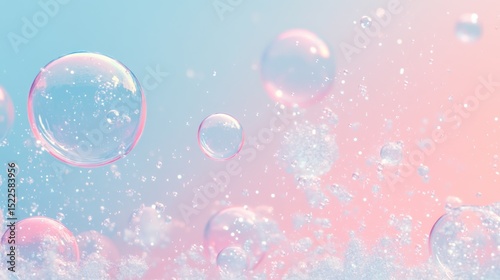 Colorful soap bubbles floating on pastel rainbow gradient background with iridescent reflections