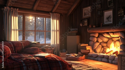 A cozy rustic log cabin bedroom with a fireplace and a snowy view