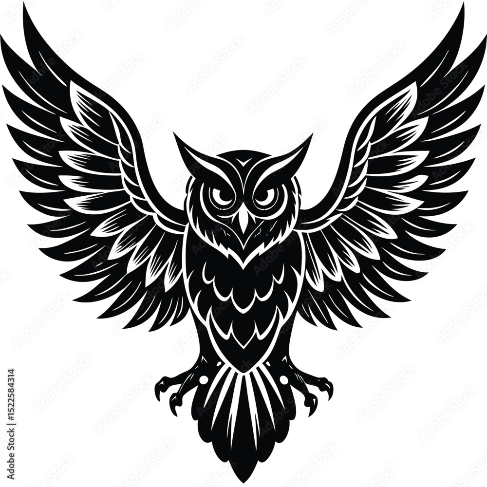 Obraz premium Owl vector graphic black and white flying bird illustration silhouette