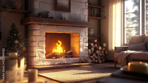 A cozy living room with a lit stone fireplace and a Christmas tree