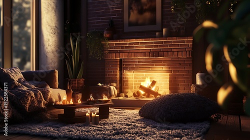 A romantic and cozy living room at night with a fireplace and candles