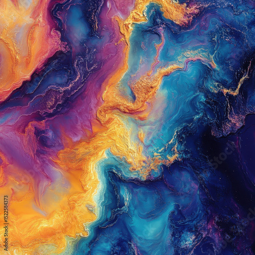 Vibrant abstract painting with colorful, fluid movement.