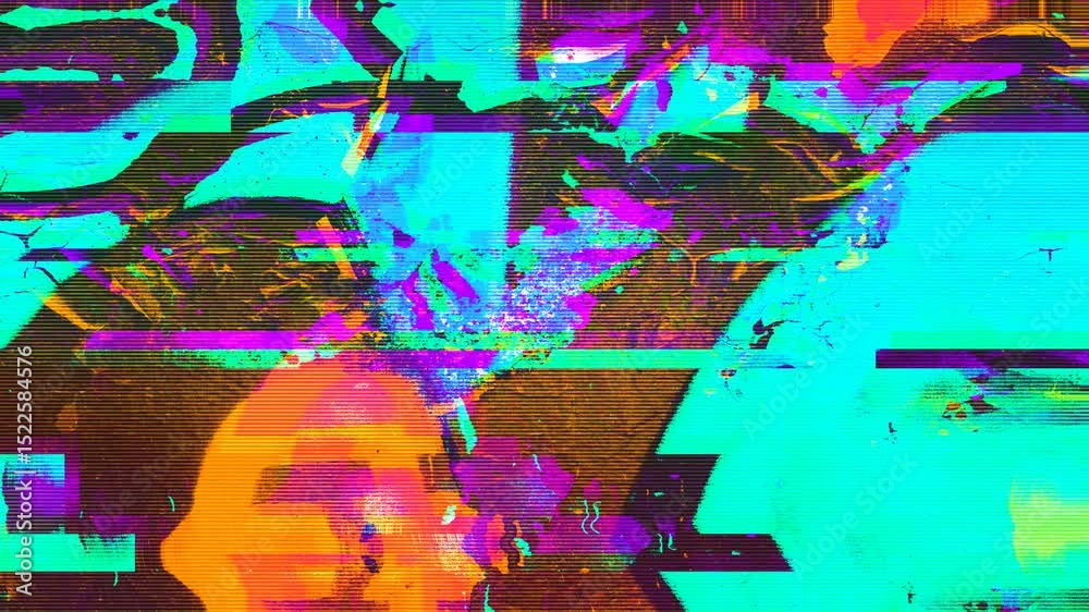 4k loop animation - Abstract neon green, pink glitch art pattern. Retro 80s, 90s, 2000s, Y2K style distortion, digital noise. Funky Futuristic cyberpunk animated pixelated seamless vj background