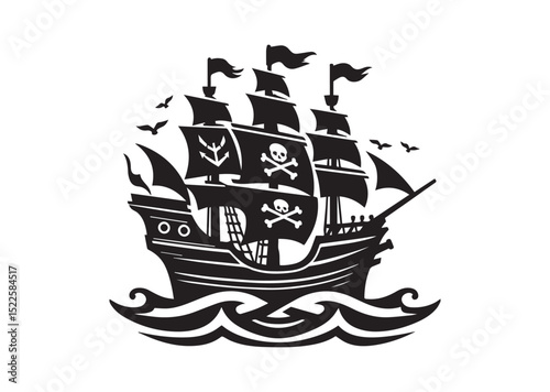 Pirate ship Silhouette Black Vector White Background
