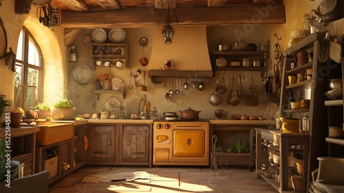 A rustic old-world kitchen with stone walls and vintage cookware