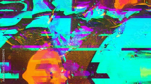 4k loop animation - Abstract neon green, pink glitch art pattern. Retro 80s, 90s, 2000s, Y2K style distortion, digital noise. Funky Futuristic cyberpunk animated pixelated seamless vj background