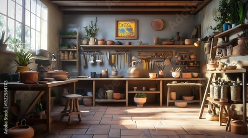The interior of a rustic potter's workshop with clay pots and tools