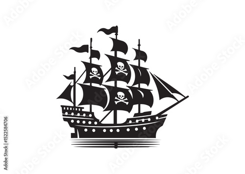 Pirate ship Silhouette Black Vector White Background