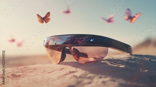 Futuristic Smart Glasses Resting on Sandy Beach with Butterflies in Flight, Technological Innovation Meets Nature, Digital Harmony, Eco-Tech Concept, Visionary Product Imagery