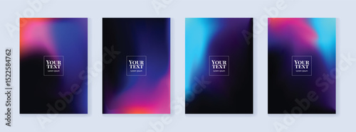 Set of backgrounds for decoration and design. Abstract dark vector backgrounds with color trendy gradient. Vertical templates with space for text. Blue, light blue and pink iridescent colors.