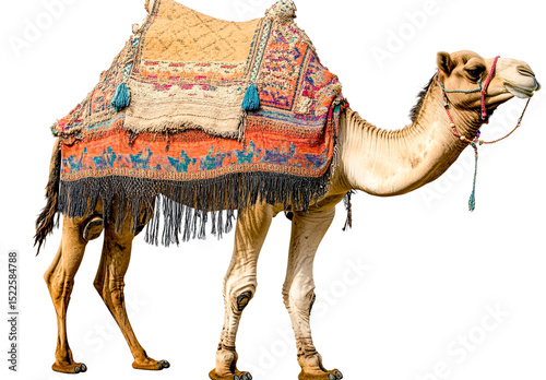 Dromedary camel with ornate saddle blanket, isolated on transparent background