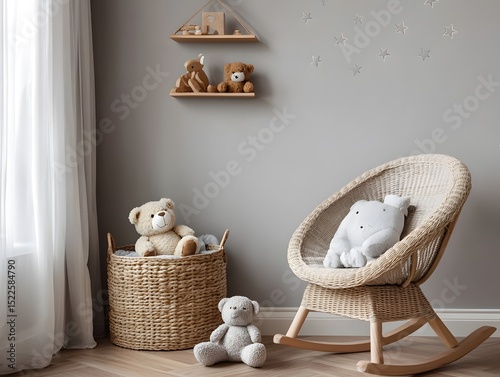 Chic and Functional Scandinavian Baby Nursery with Natural Materials and Playful Toys, baby chair in the living room
