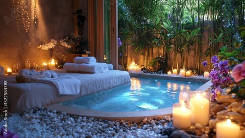Serene Spa Scene with Aromatherapy Candles, Tropical Flowers, Bath Salt Bowl, and Rolled Towels for Relaxation and Wellness Atmosphere